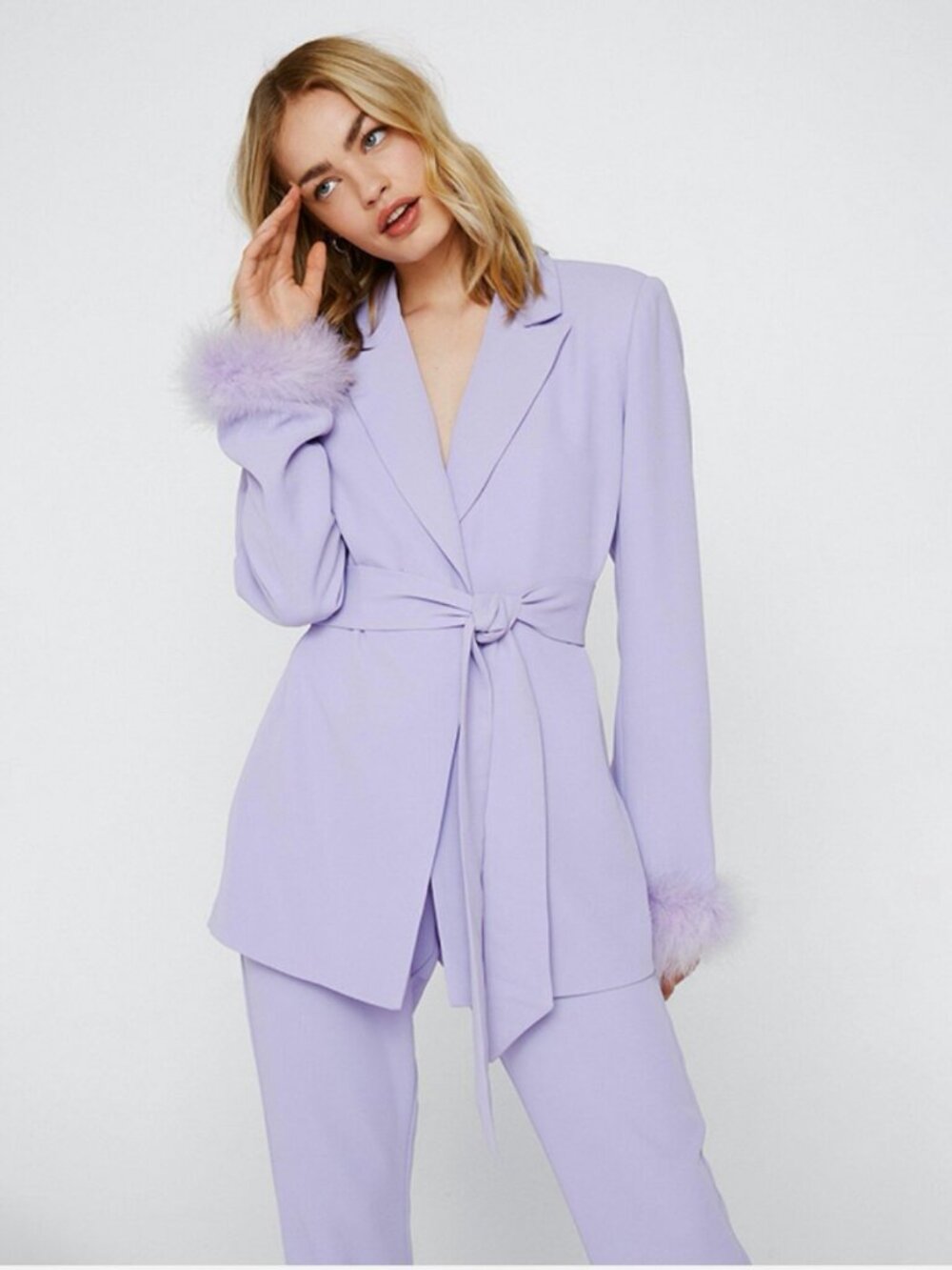 Nasty Gal Lilac Feather Cuff Belted Blazer